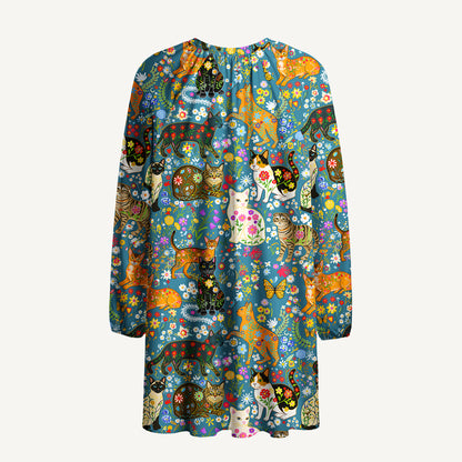Colorful Garden Cat Pattern Print Boho Tie‑Neck Smock Mini Dress