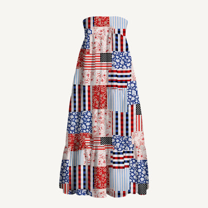 Patriotic Patchwork Quilt Print Convertible Maxi Skirt & Strapless Dress