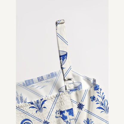 Country Delft Blue Patchwork Print Wide Straps Maxi Dress With Pockets
