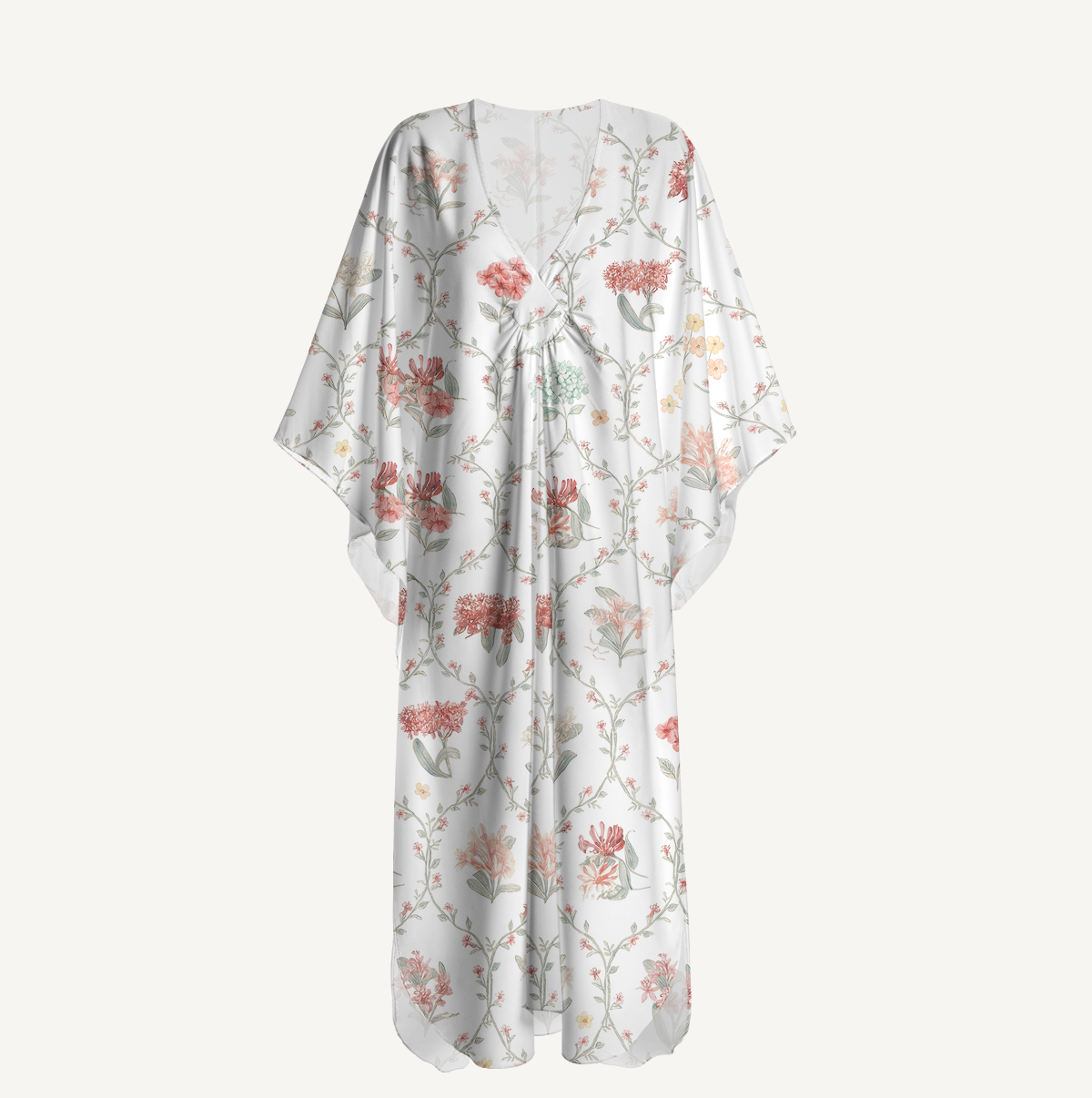 V‑Neck Coral Vine Kimono Sleeve Kaftan Dress