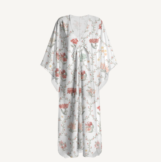 V‑Neck Coral Vine Kimono Sleeve Kaftan Dress