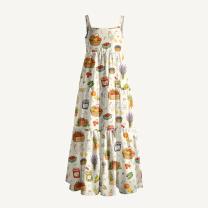 Farmhouse Harvest Market Print Wide Straps Maxi Dress With Pockets