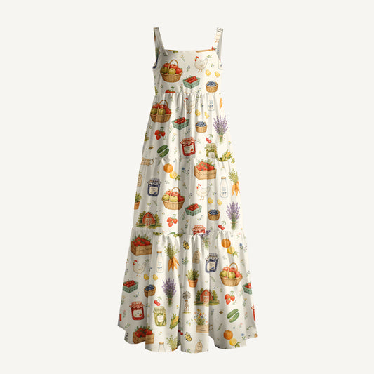 Farmhouse Harvest Market Print Wide Straps Maxi Dress With Pockets