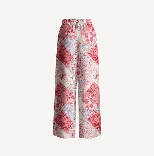Shabby Chic Floral Patchwork Print Wide Leg Tie Waist Pants With Pockets