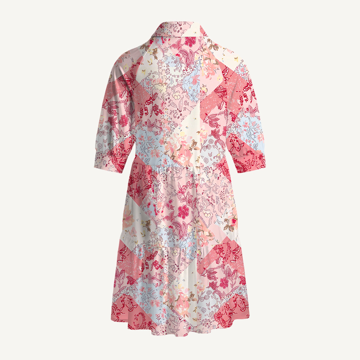 V Neck Collared Shabby Chic Floral Patchwork Mini Dress For Women With Pockets