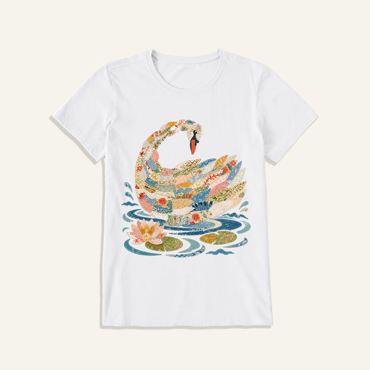 Patchwork Swan Garden Print Crew Neck Cotton Tee