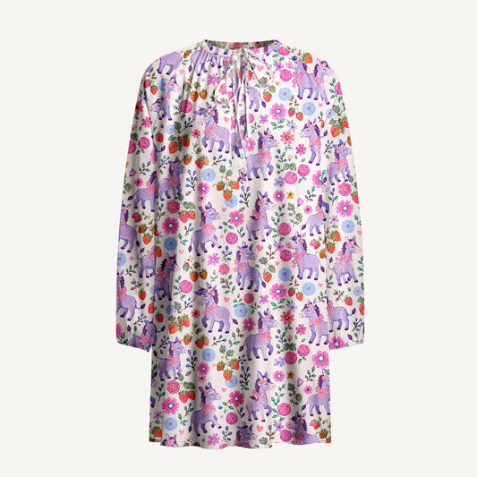 Strawberry Blossom Donkeys Print Boho Tie‑Neck Smock Mini Dress