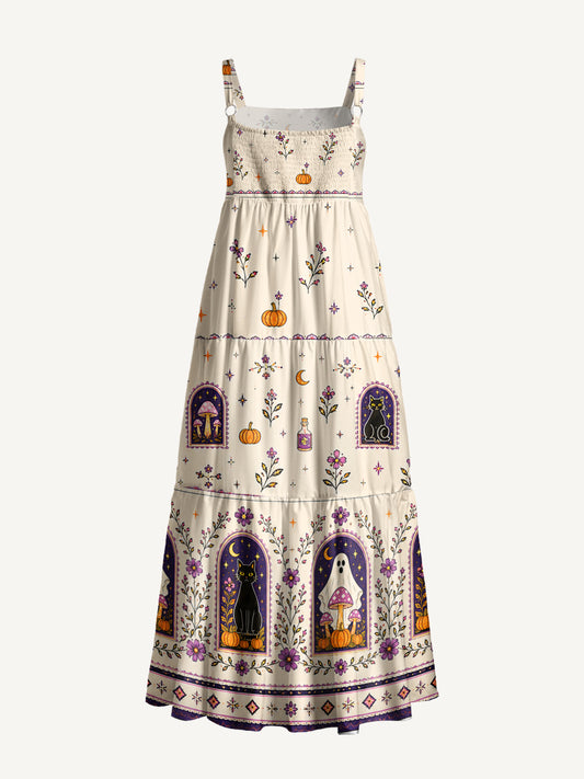 Moonlit Ghost Garden Print Wide Straps Maxi Dress With Pockets