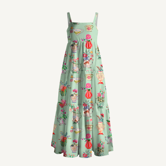 Colorful Flower Vase Print Wide Straps Maxi Dress With Pockets