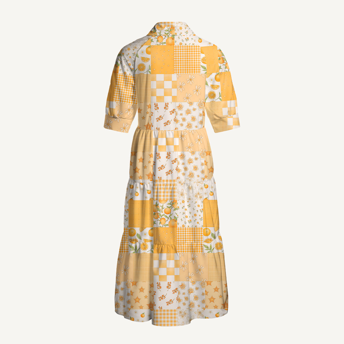 V Neck Collared Lemon Sunshine Patchwork Casual Midi Dress With Pockets