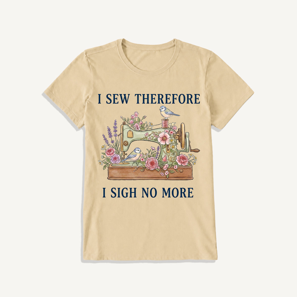 Floral Bird Sewing Serenity Print Crew Neck Cotton Tee