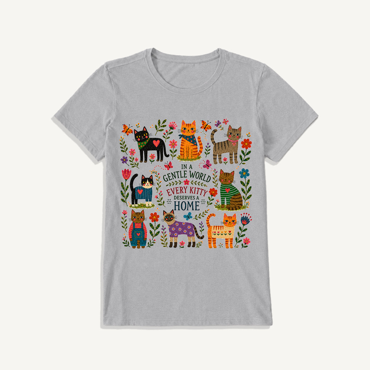 Gentle World Kitty Garden Print Crew Neck Cotton Tee