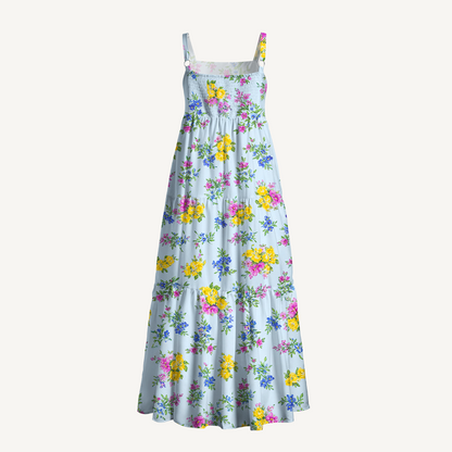 Square Neck Blue Meadow Print Wide Straps Maxi Dress With Pockets
