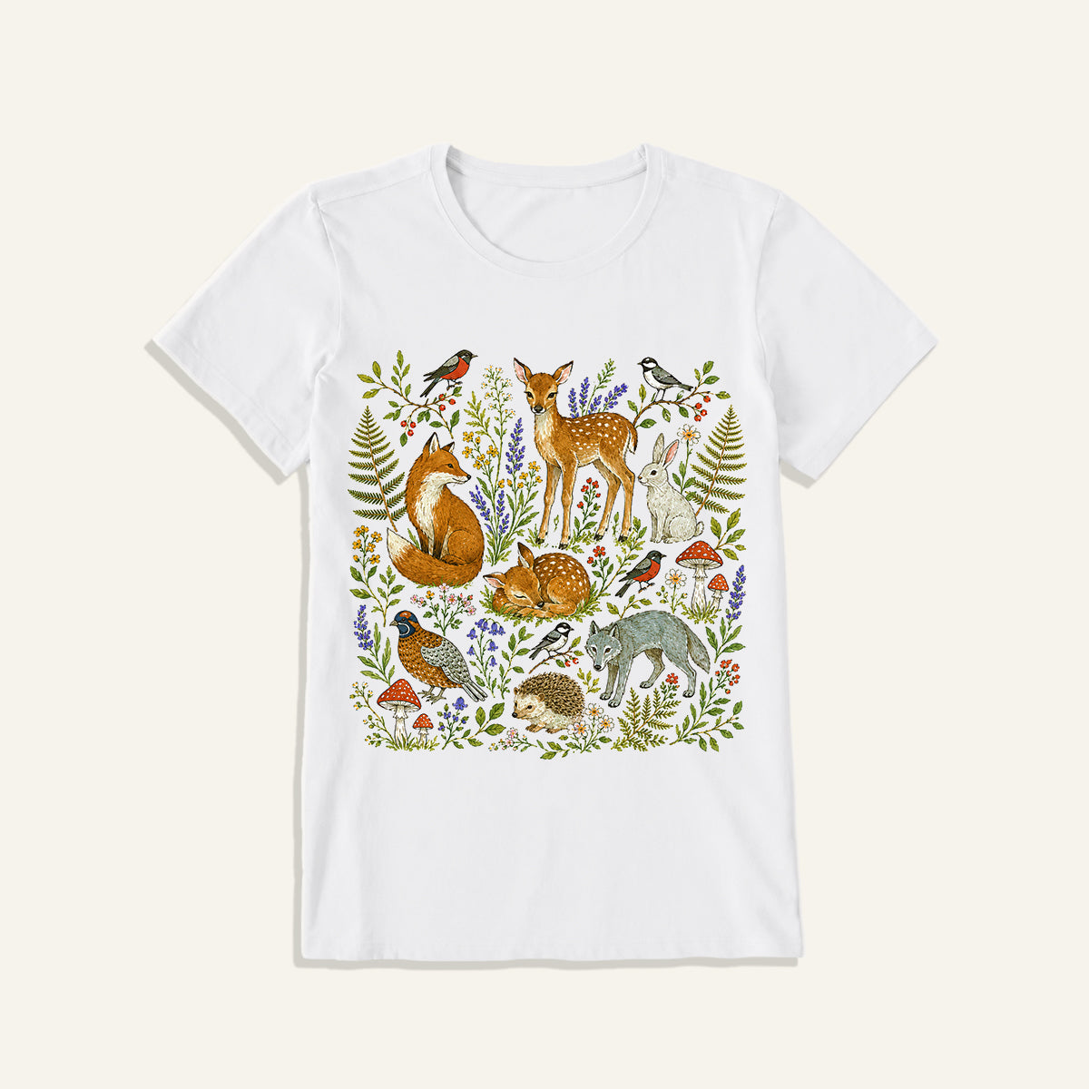 Woodland Garden Friends Print Crew Neck Cotton Tee
