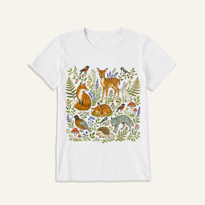 Woodland Garden Friends Print Crew Neck Cotton Tee