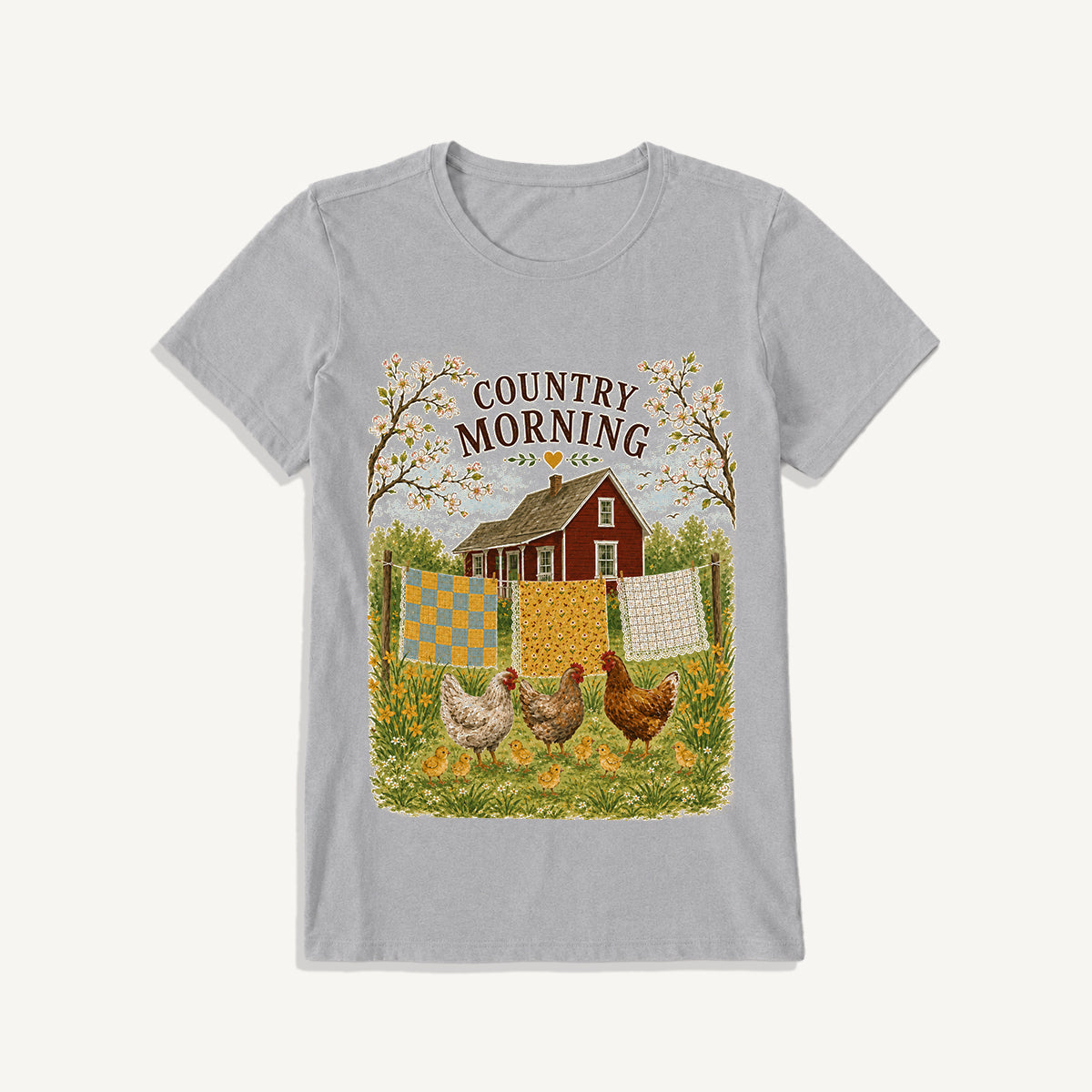 Country Morning Hen and Chicks Print Crew Neck Cotton Tee