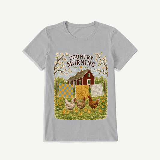 Country Morning Hen and Chicks Print Crew Neck Cotton Tee