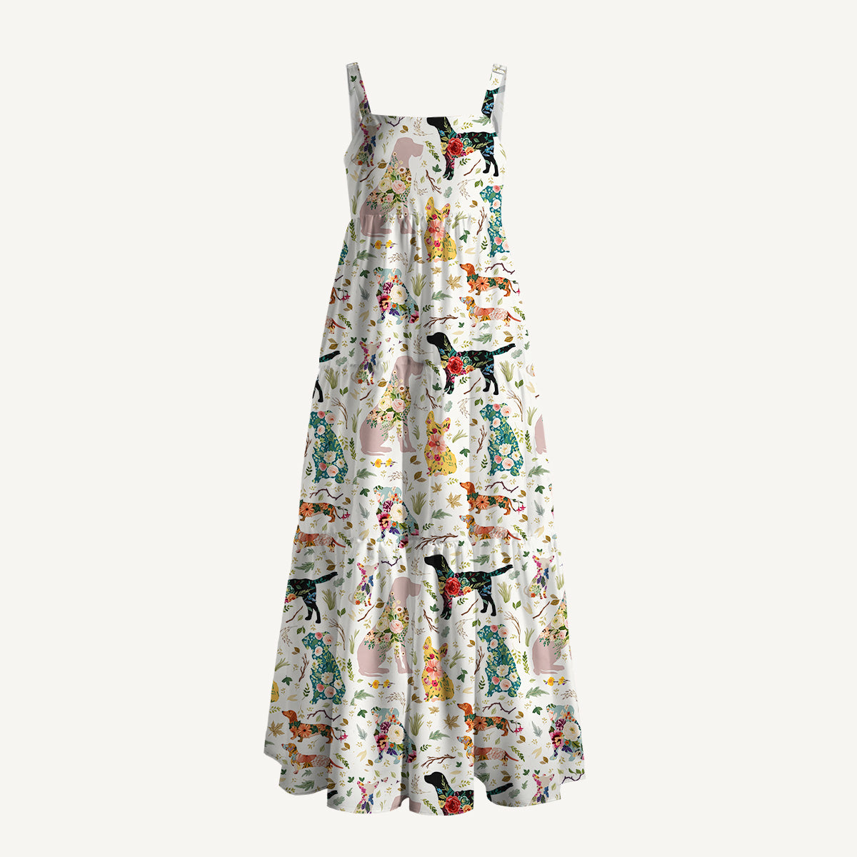 Flower Dog Print Wide Straps Maxi Dress With Pockets