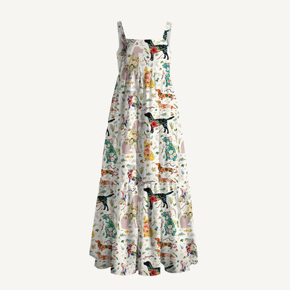 Flower Dog Print Wide Straps Maxi Dress With Pockets