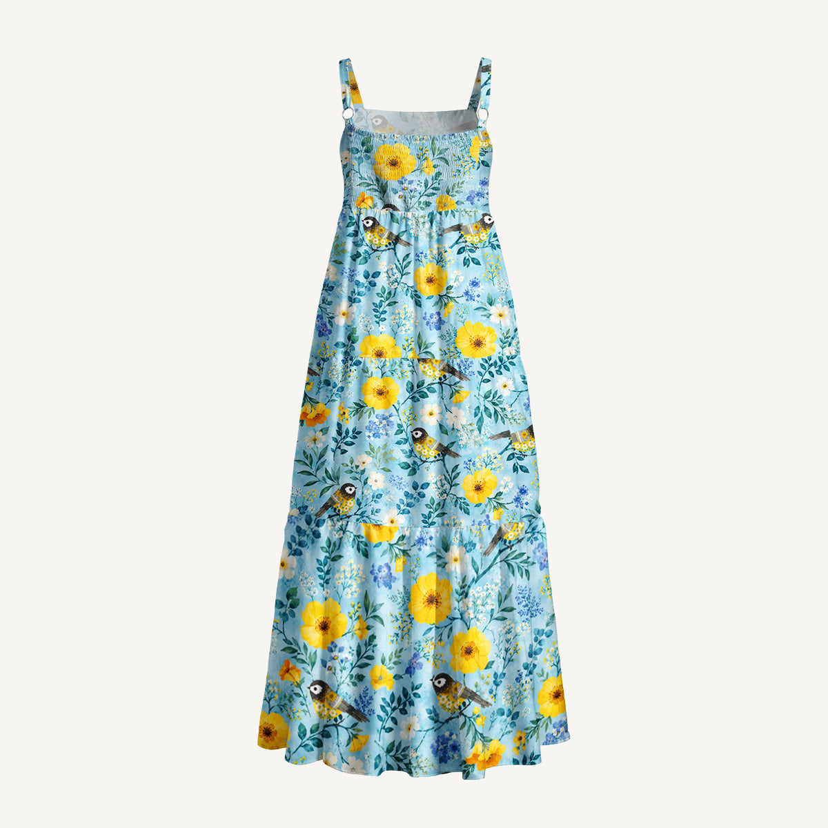 Flower Birds Print Wide Straps Maxi Dress With Pockets