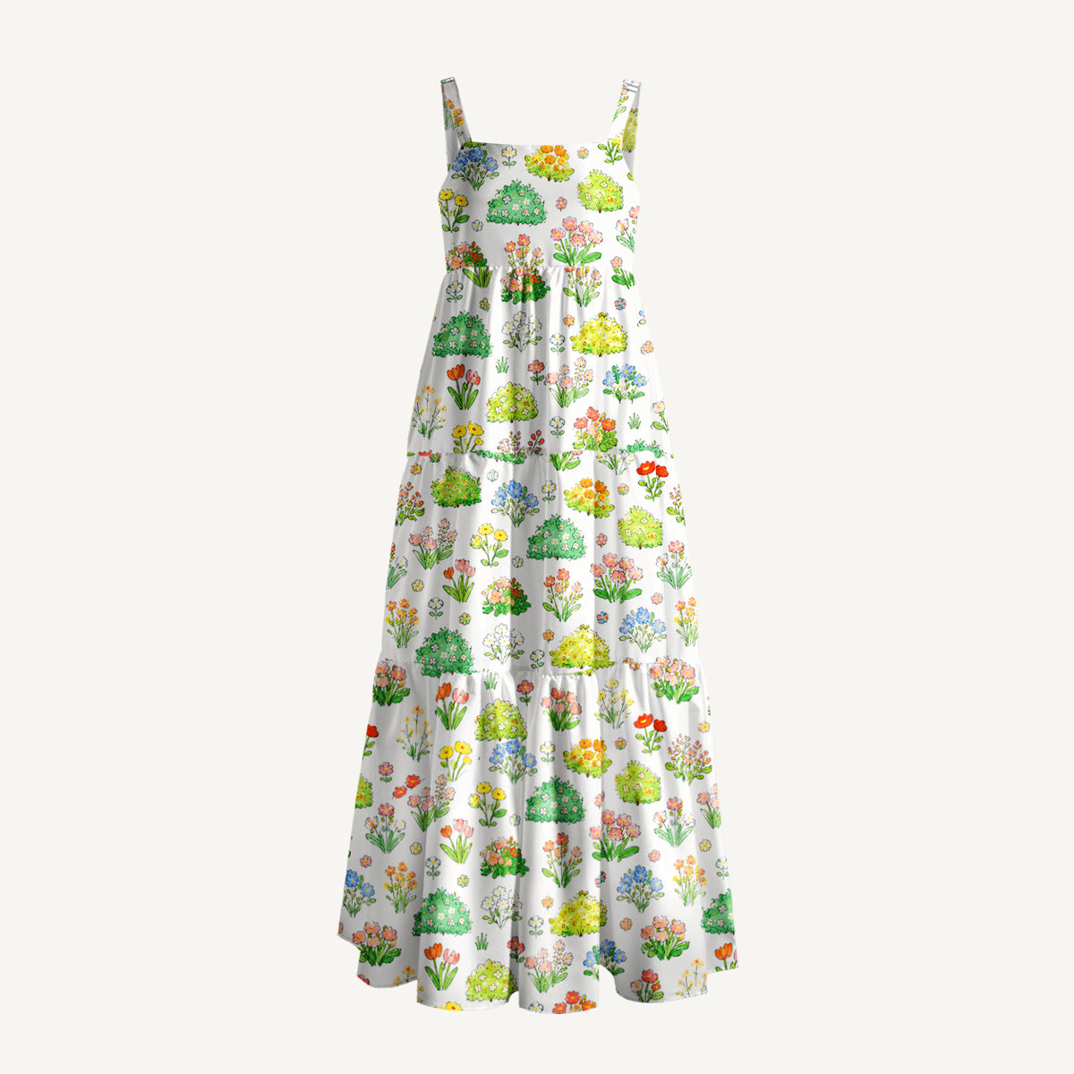 Colorful Garden Print Wide Straps Maxi Dress With Pockets