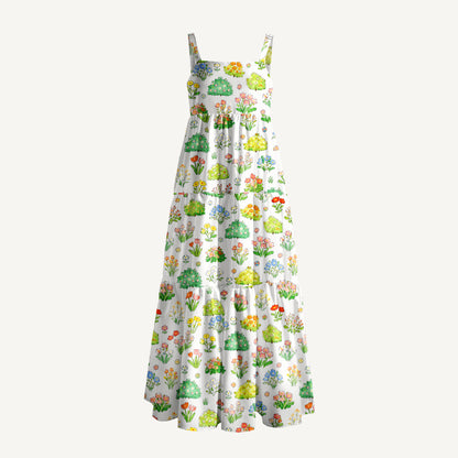Colorful Garden Print Wide Straps Maxi Dress With Pockets