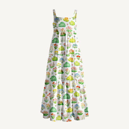 Colorful Garden Print Wide Straps Maxi Dress With Pockets