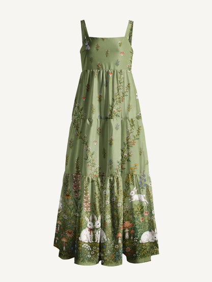 Bunny Meadow Garden Print Wide Straps Maxi Dress With Pockets