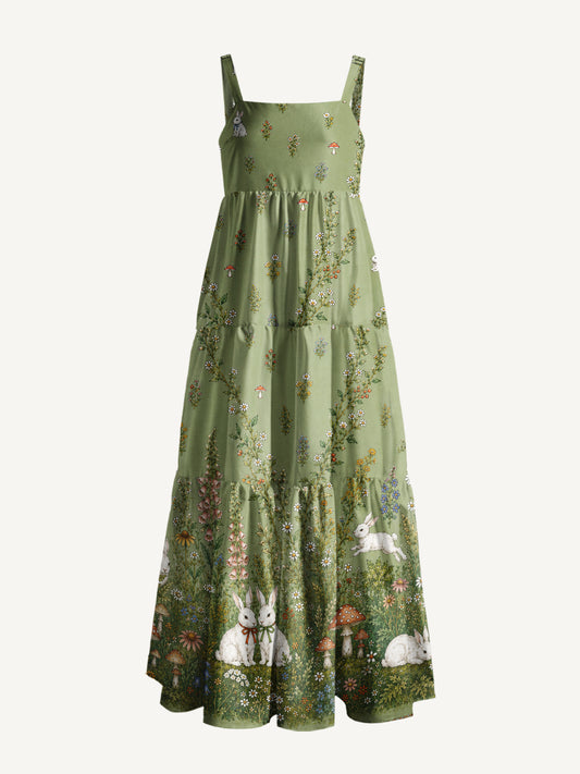 Bunny Meadow Garden Print Wide Straps Maxi Dress With Pockets