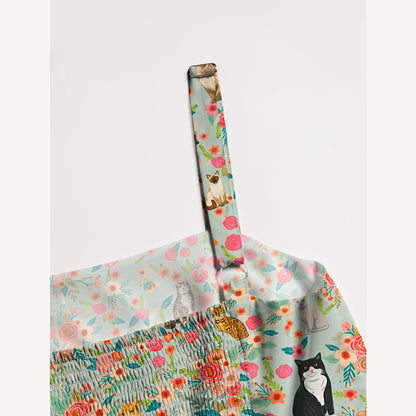 Square Neck Flower Cat Print Wide Straps Maxi Dress With Pockets