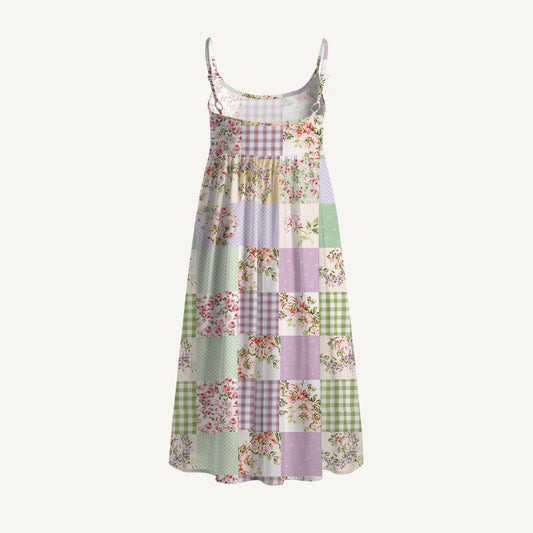 Creamy Garden Patchwork Print Spaghetti Strap Mini Dress