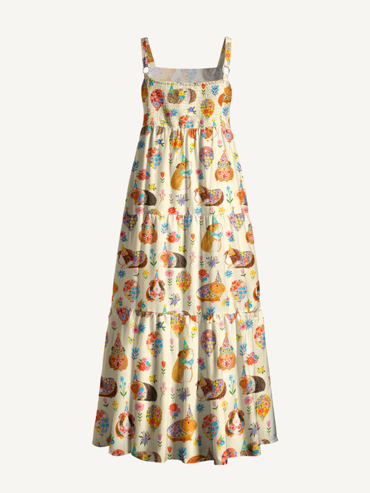 Guinea Pig Garden Party Print Wide Straps Maxi Dress With Pockets