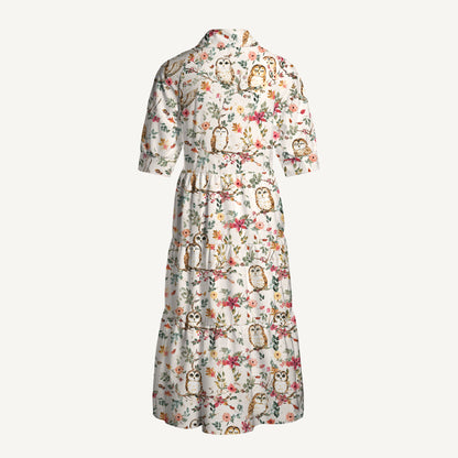 V Neck Collared Forest Owls Casual Midi Dress With Pockets