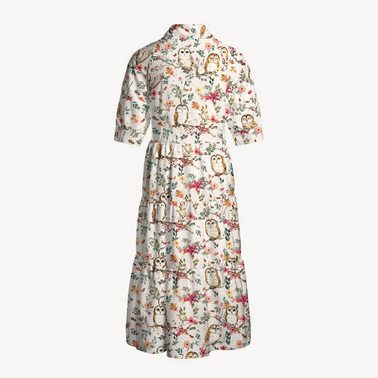 V Neck Collared Forest Owls Casual Midi Dress With Pockets
