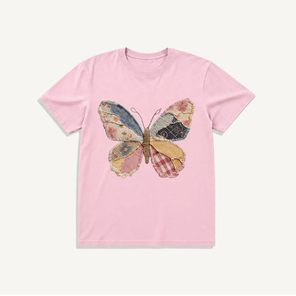 Quilt Patch Butterfly Print Crew Neck Cotton Tee