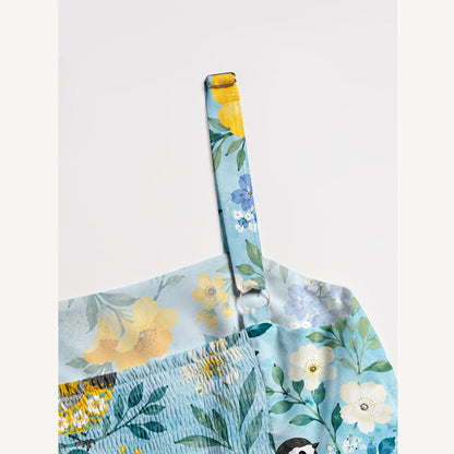 Flower Birds Print Wide Straps Maxi Dress With Pockets