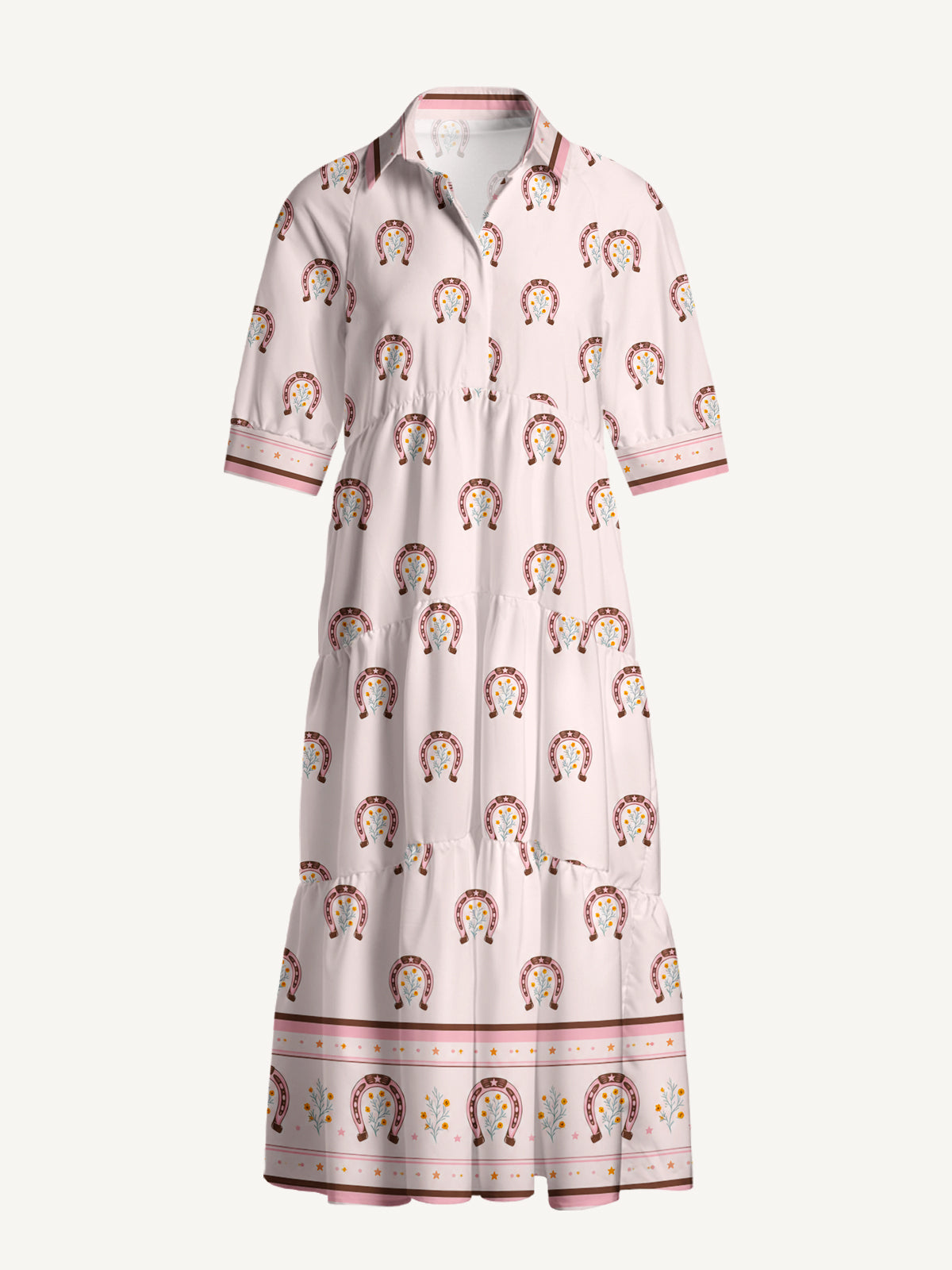 V Neck Collared Blush Lucky Horseshoe Print Casual Midi Dress With Pockets