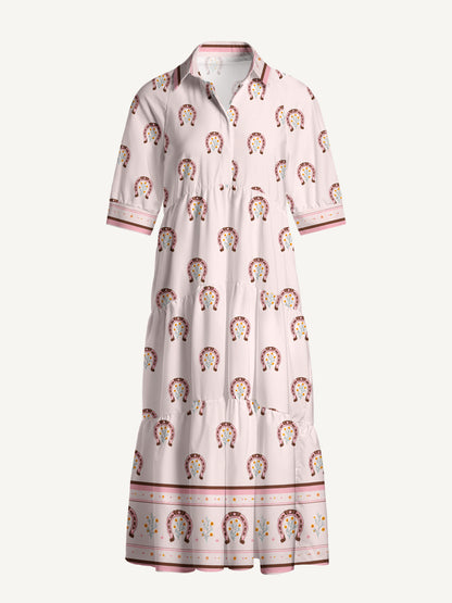 V Neck Collared Blush Lucky Horseshoe Print Casual Midi Dress With Pockets