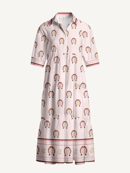 V Neck Collared Blush Lucky Horseshoe Print Casual Midi Dress With Pockets