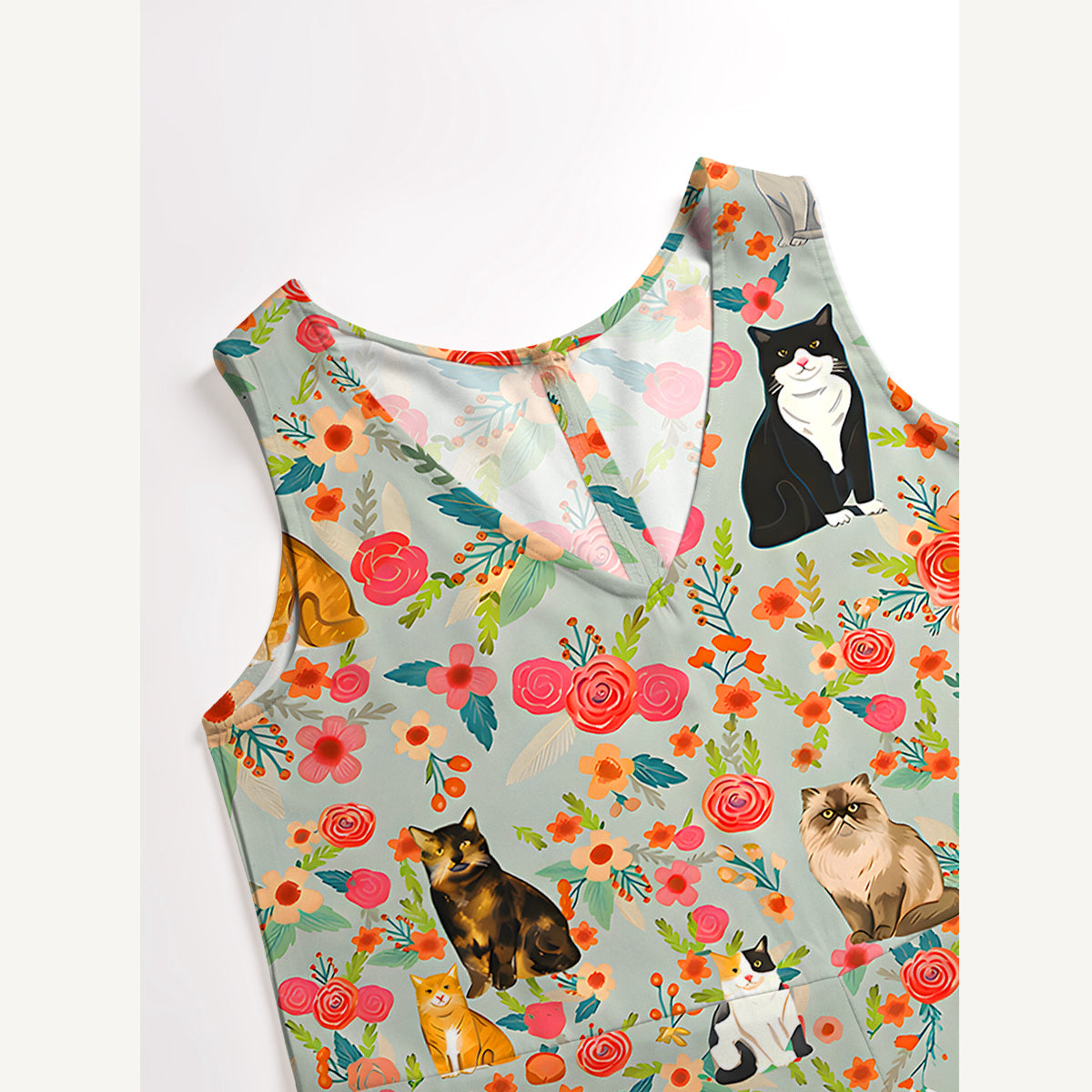 Flower Cat Print Boho Jumpsuit with Pockets for Women