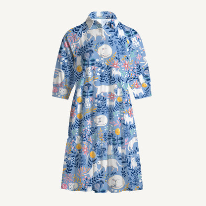 V Neck Collared Blue Leaf Cat Mini Dress For Women With Pockets