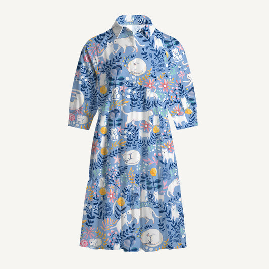 V Neck Collared Blue Leaf Cat Mini Dress For Women With Pockets
