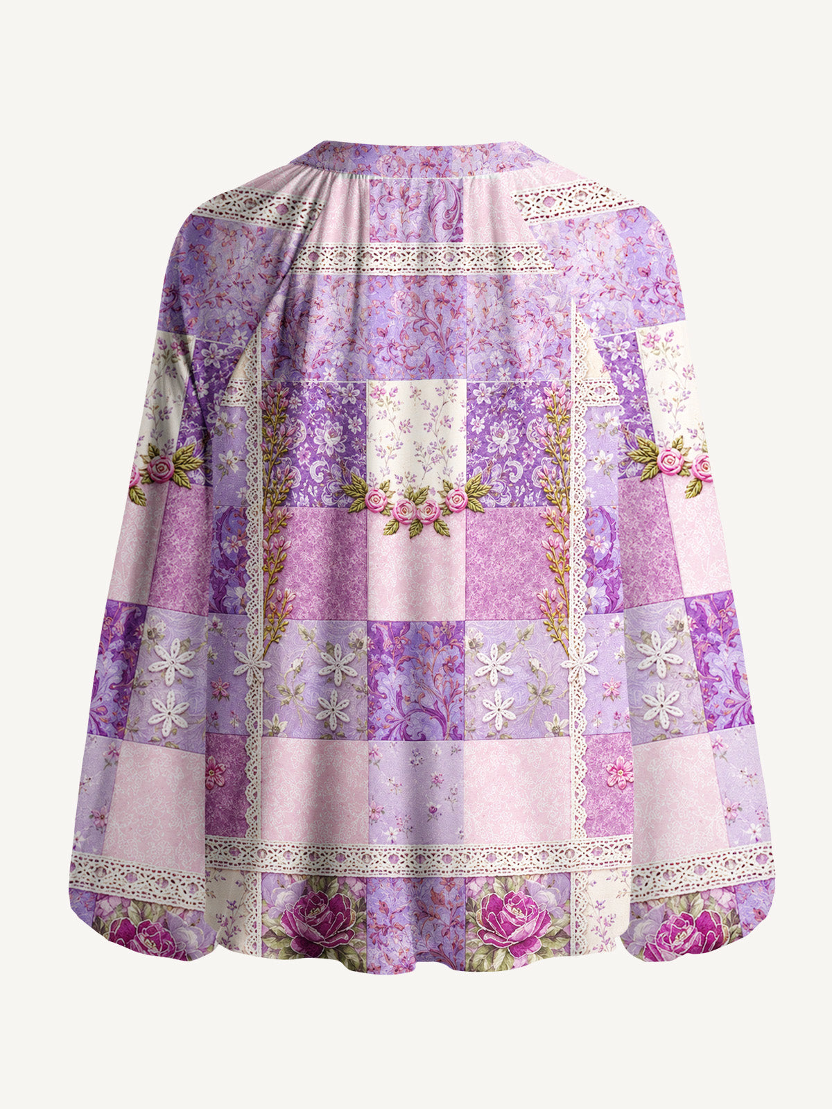 Purple Meadow Vintage Patchwork Print Boho Long Sleeve Tie‑Neck Blouse