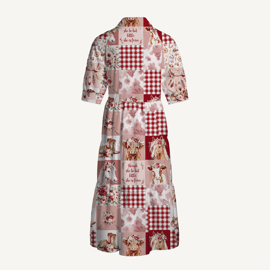 V Neck Collared Vintage Western Farm Quilt Pattern Print Casual Midi Dress With Pockets