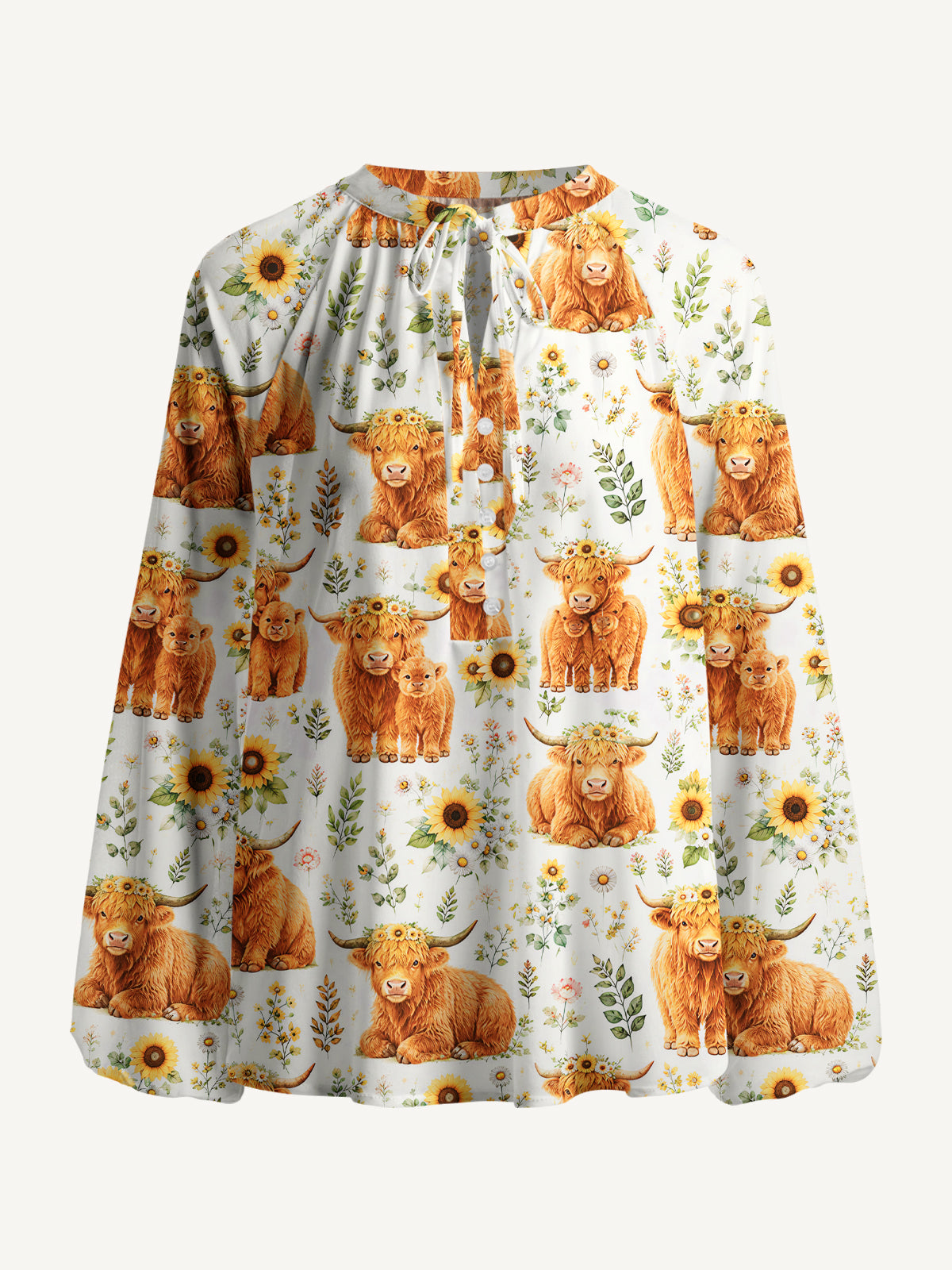 Spring Highland Cow Floral Print Boho Long Sleeve Tie‑Neck Blouse