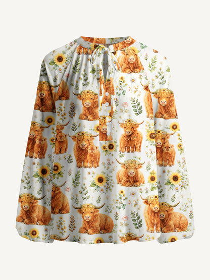 Spring Highland Cow Floral Print Boho Long Sleeve Tie‑Neck Blouse