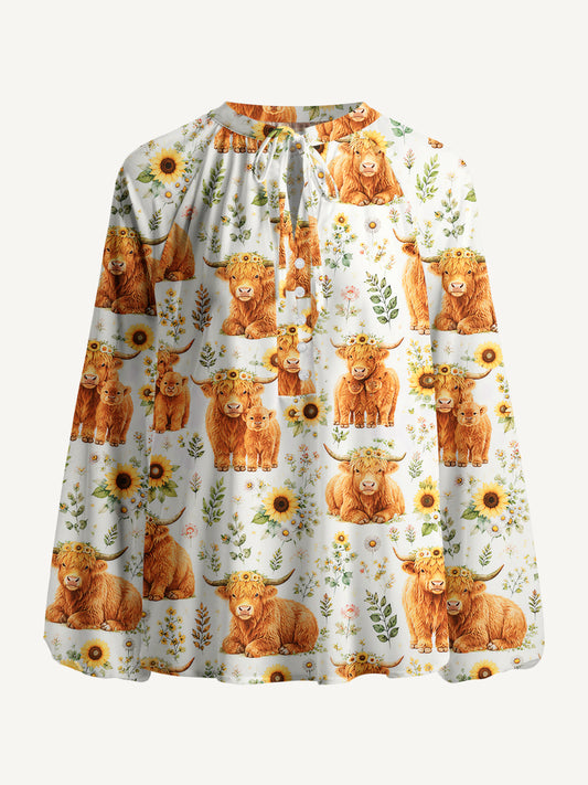 Spring Highland Cow Floral Print Boho Long Sleeve Tie‑Neck Blouse