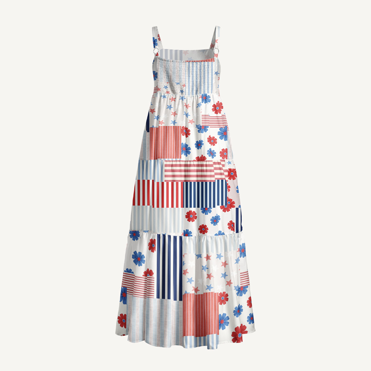 Flower Flags Print Quilt Wide Straps Maxi Dress With Pockets
