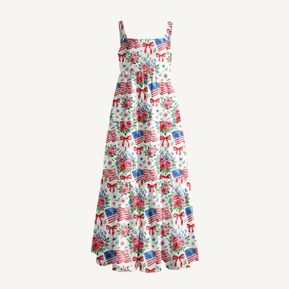 Patriotic Floral Bows Print Wide Straps Maxi Dress With Pockets