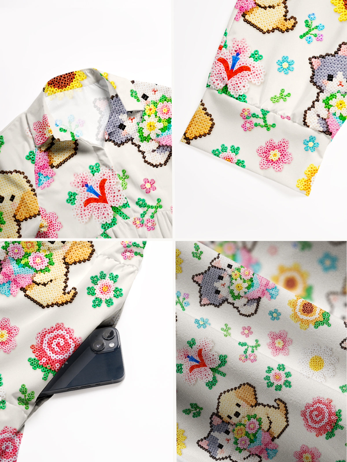 V Neck Collared Perler Bead Flower Cat Dog Print Casual Midi Dress With Pockets